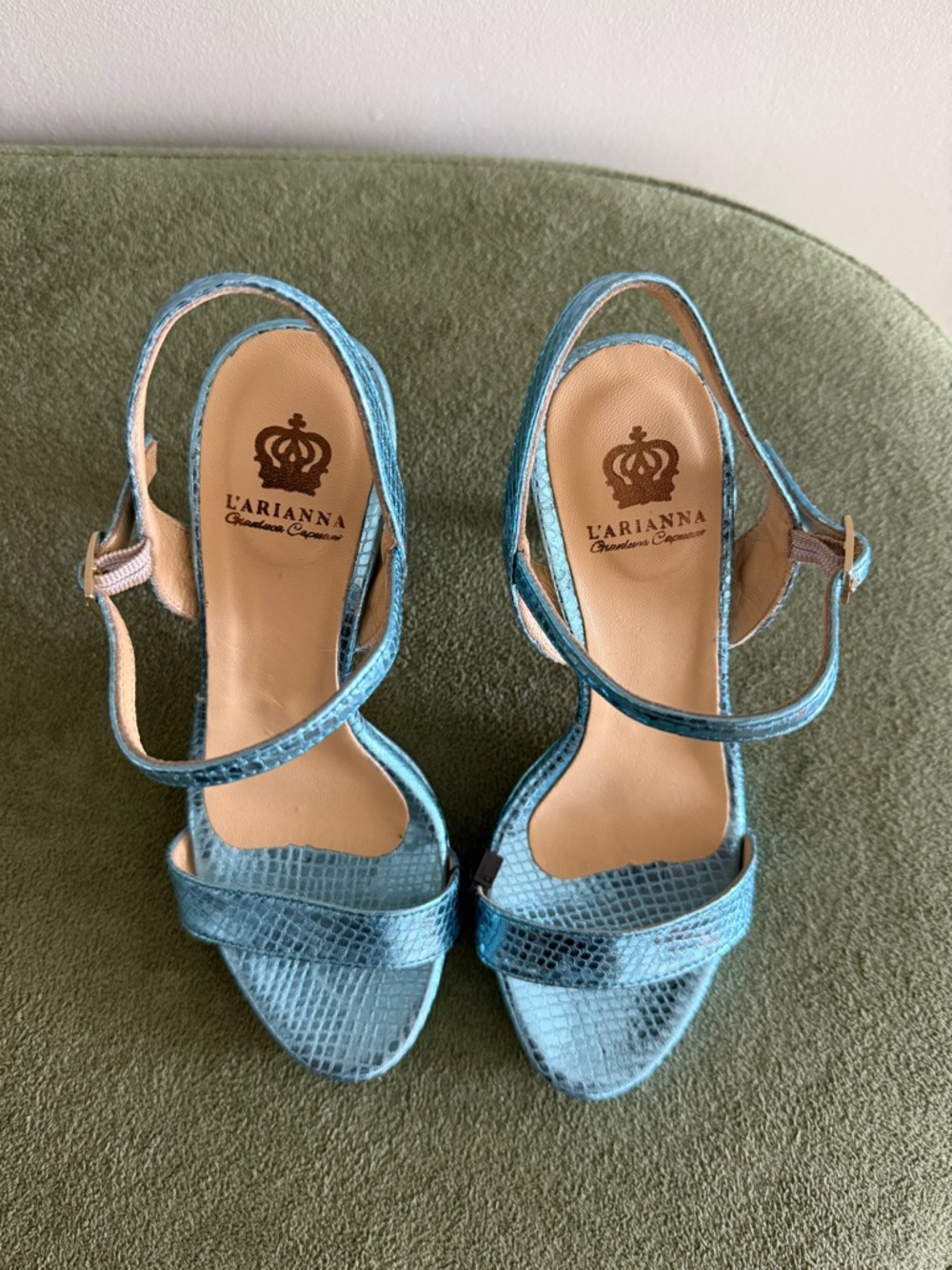 Blue Metallic Snake-Embossed Heels